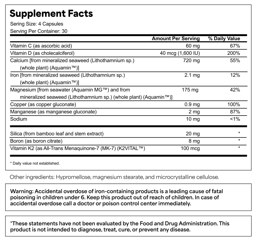 Supplement facts label with vitamin and mineral information.