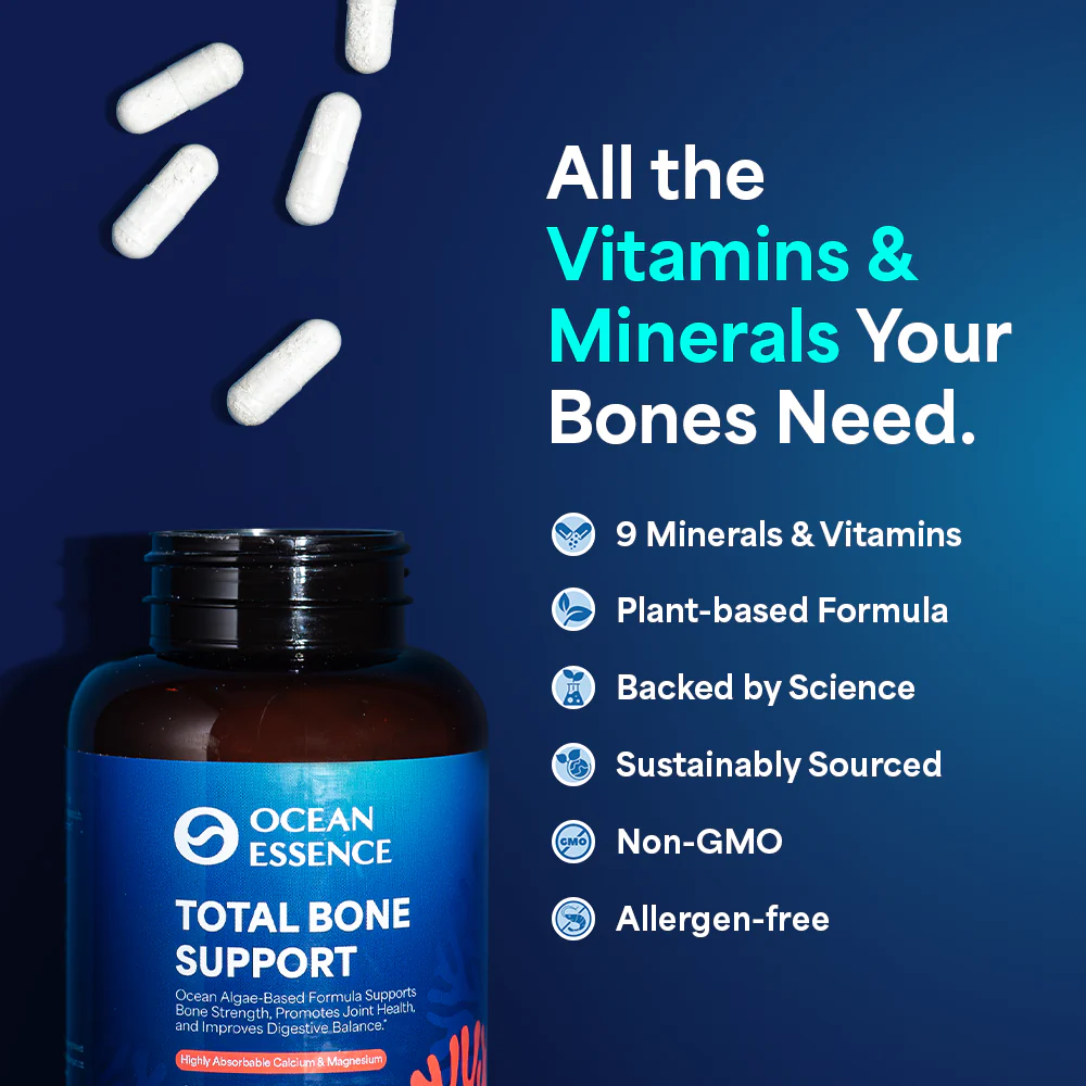 Bottle of total bone support pills with benefits listed beside it.