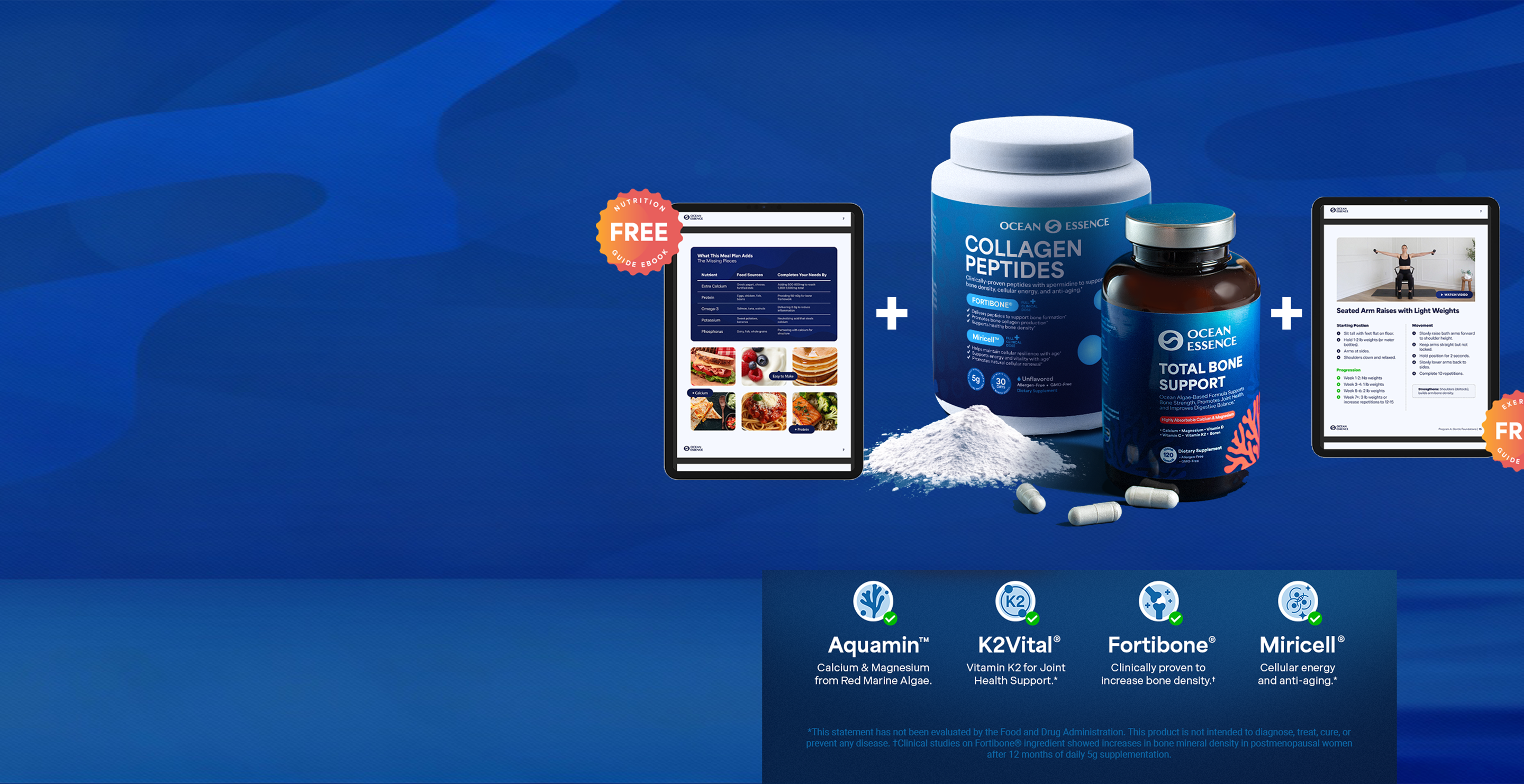 Ocean Essence supplements with tablets and promotional offers on a blue background.