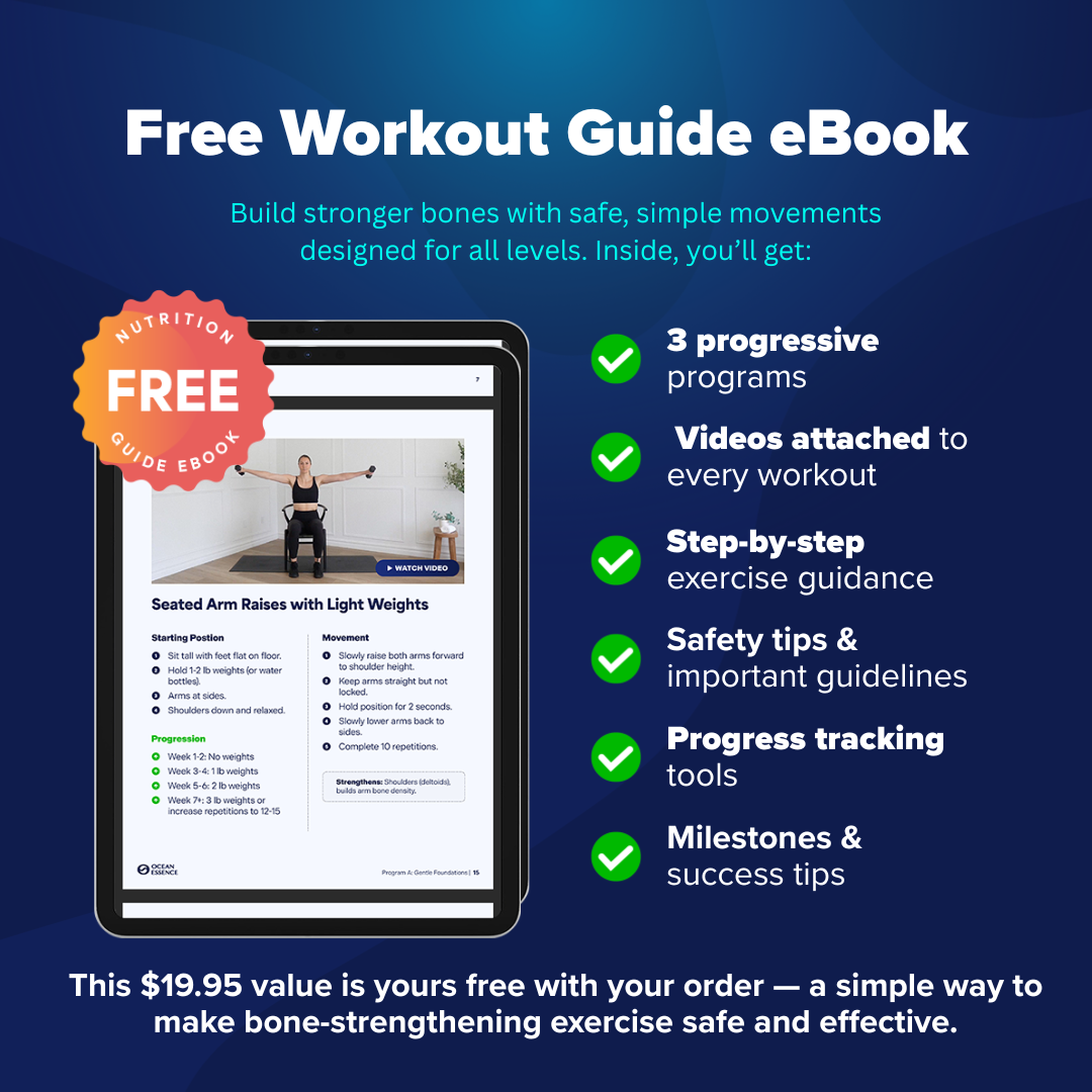 Tablet displaying workout guide with text highlights, checkmarks, and a free ebook offer badge.