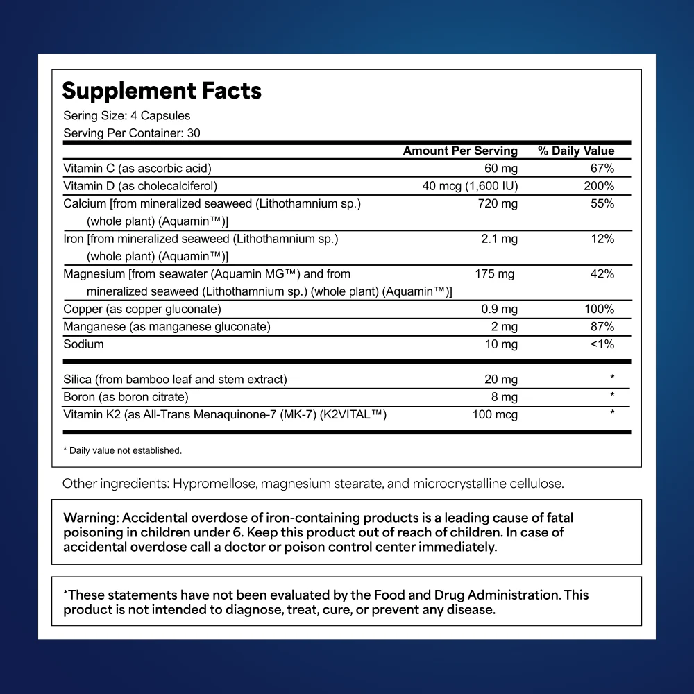 Supplement facts label detailing various vitamins, minerals, and warnings.