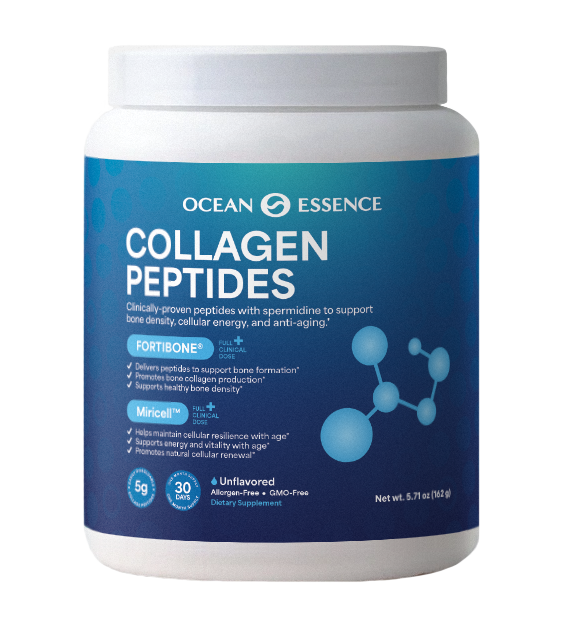 A container of Ocean Essence collagen peptides dietary supplement.