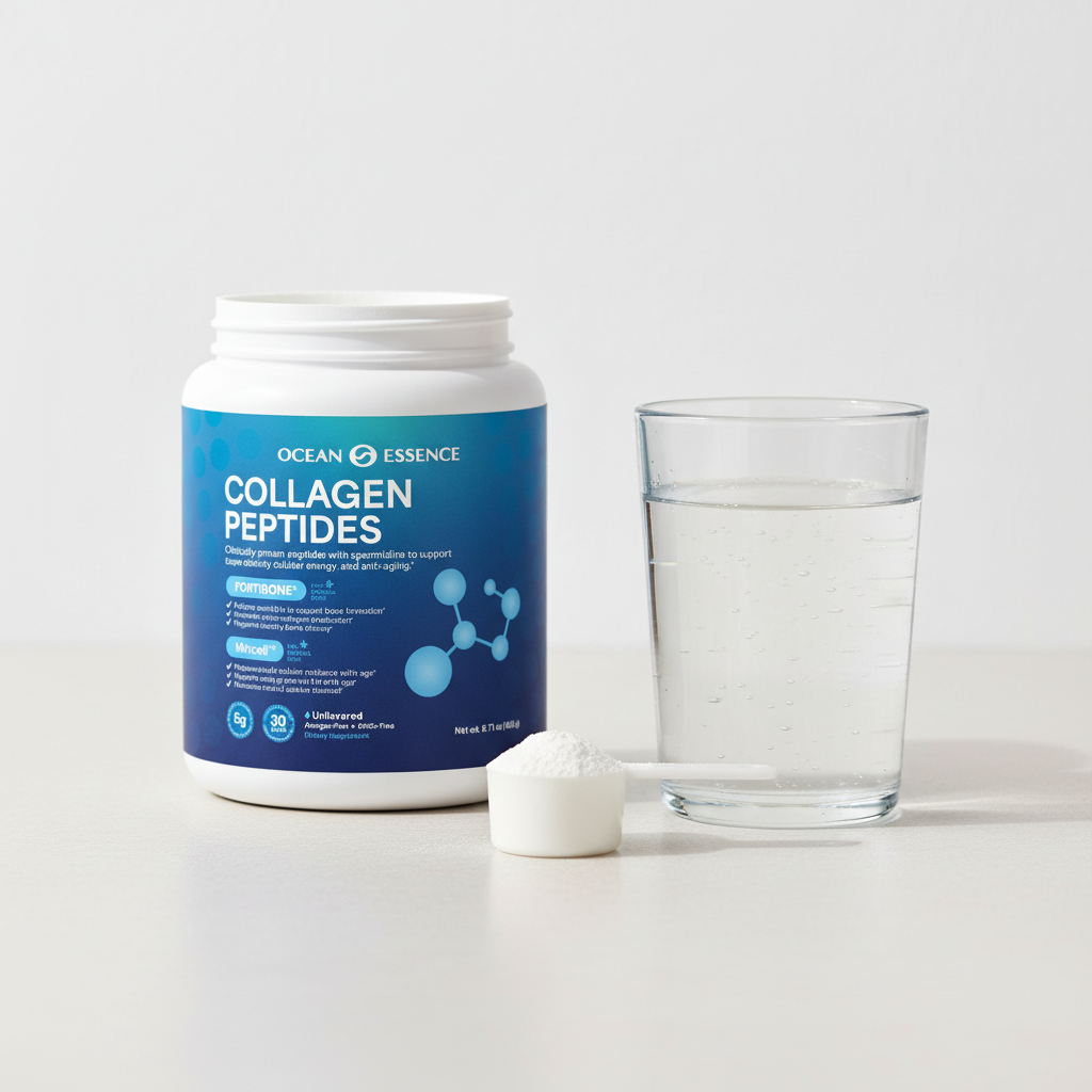 Collagen peptides container, glass of water, and a scoop of white powder on a table.