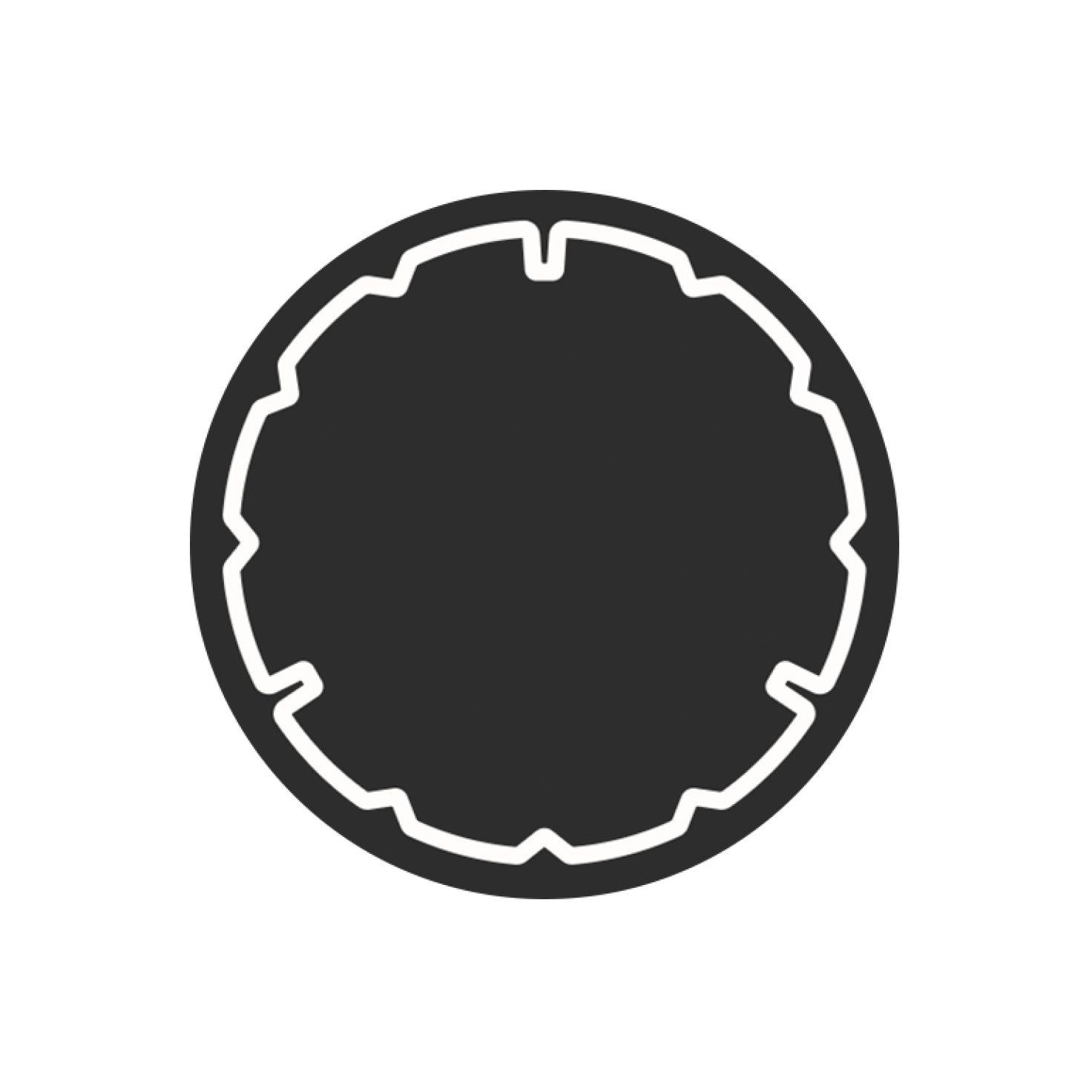 Black circle with a white jagged outline on a black background.