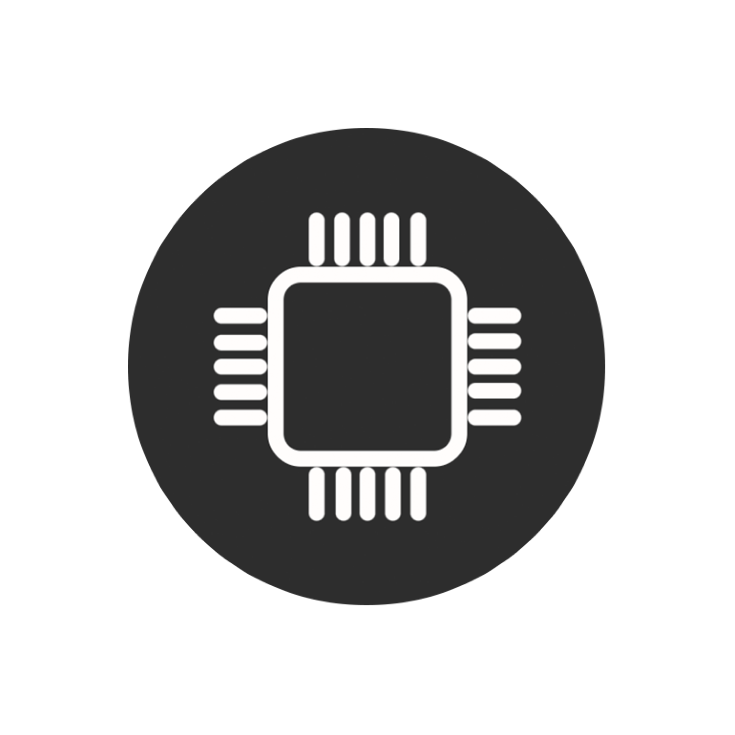 White microchip icon on a black circular background.