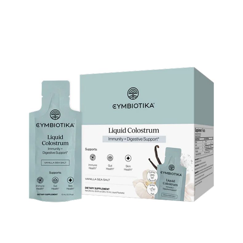 Cymbiotika Liquid Colostrum box and sachet with vanilla sea salt flavor.