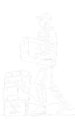 Illustration of a person carrying boxes, wearing a cap and jacket.
