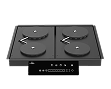 A black, four-burner, built-in electric cooktop with a touch control panel on a white background.