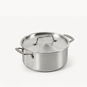 A medium-sized stainless steel pot with a lid and two handles, shown against a plain white background.
