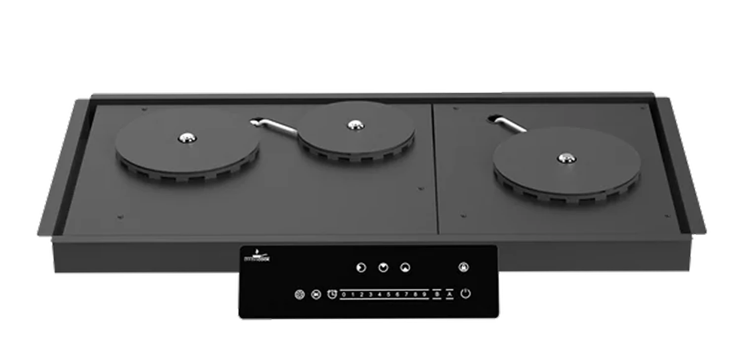 A modern, black, three-burner, built-in cooktop with a separate digital touch control panel on a white background.