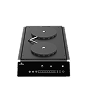 A modern, black dual-platter turntable with a tonearm and a front control panel on a white background.