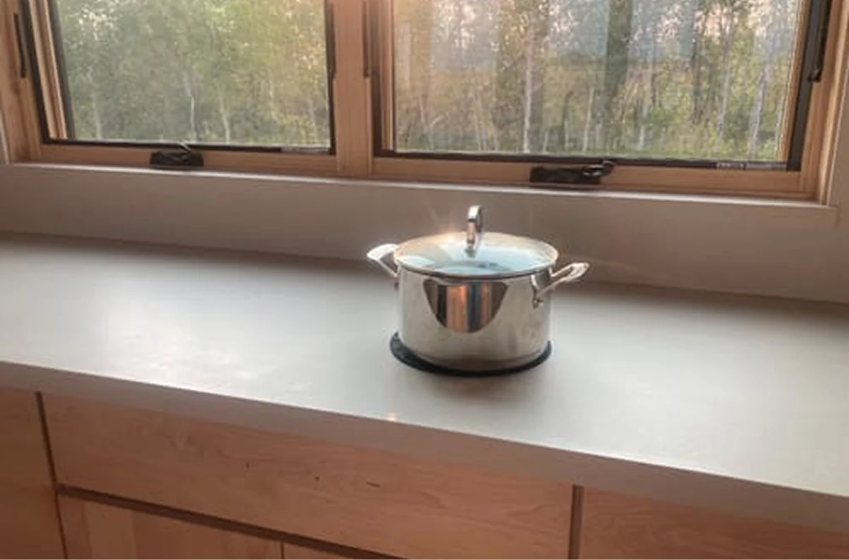A stainless steel pot with a lid sits on a countertop in front of a window overlooking trees.