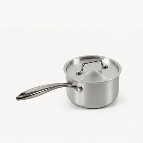 A small stainless steel saucepan with a matching lid and handle, shown against a white background.