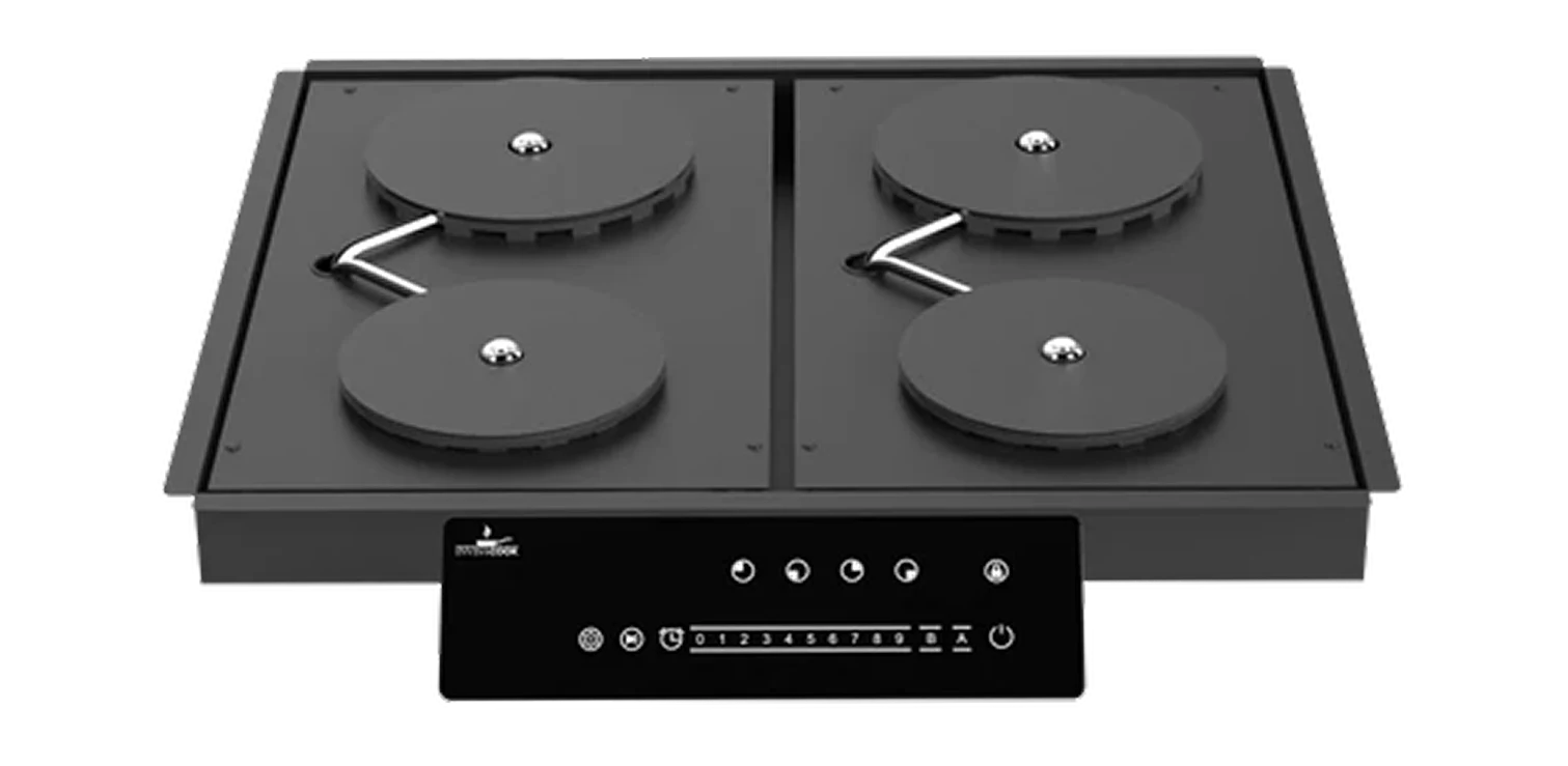 A modern, black four-burner electric cooktop with a touch control panel, shown on a white background.