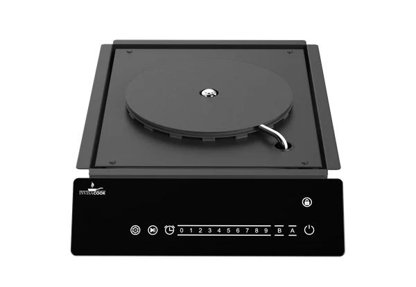 An INVISACOOK single-burner induction cooktop with its separate digital control panel against a white background.