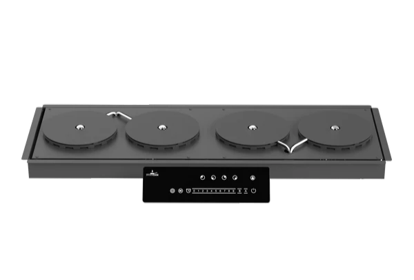 A long, black, four-burner electric cooktop with a digital touch panel against a white background.