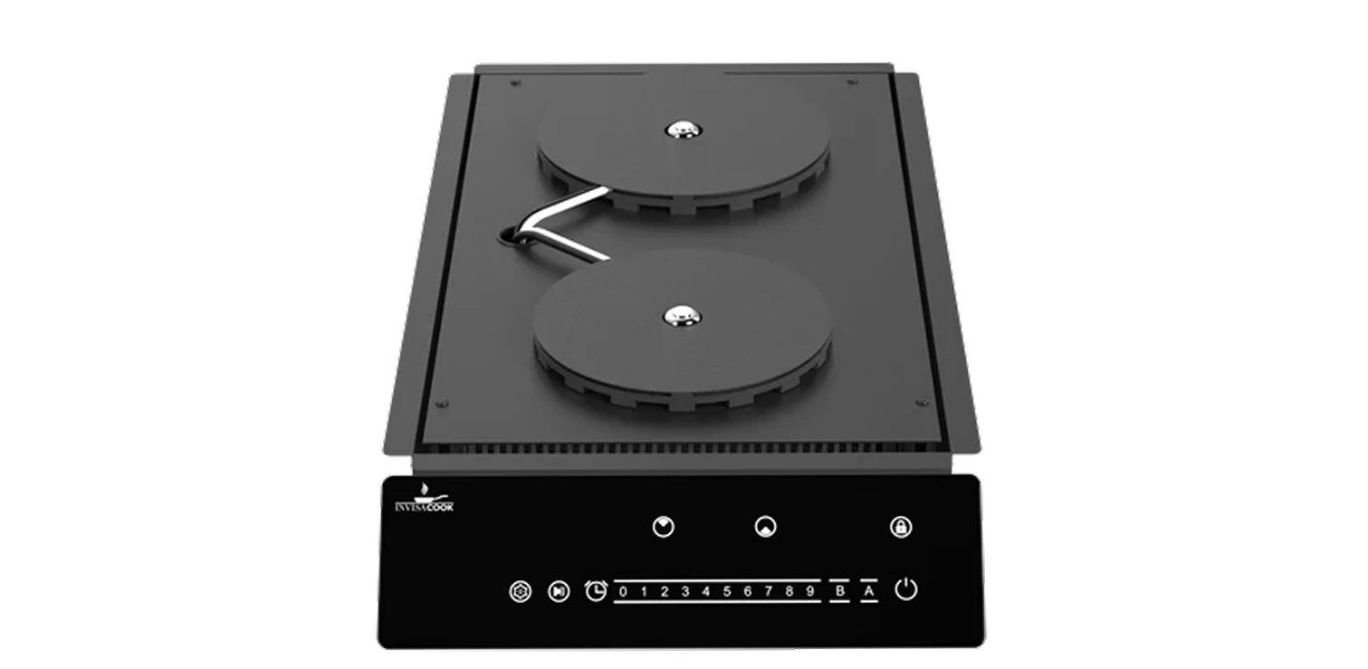 A black, two-burner induction cooktop with a touch control panel, shown from a high angle.