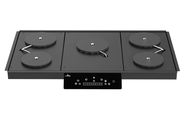 A modern black five-burner built-in cooktop with a digital touch control panel on a white background.