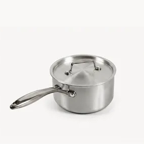A stainless steel saucepan with a matching lid and handle, set against a plain white background.