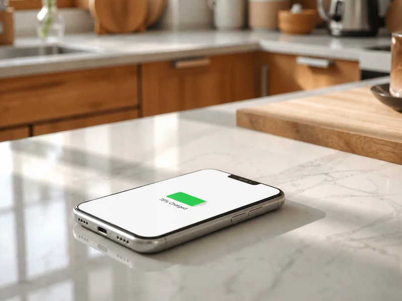 A smartphone with its screen on, showing it is charging, rests on a white marble kitchen countertop.