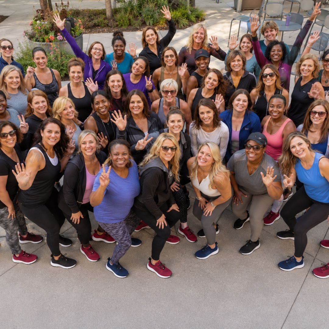 A large group of women in athletic wear smiling and waving for a photo on an outdoor patio.