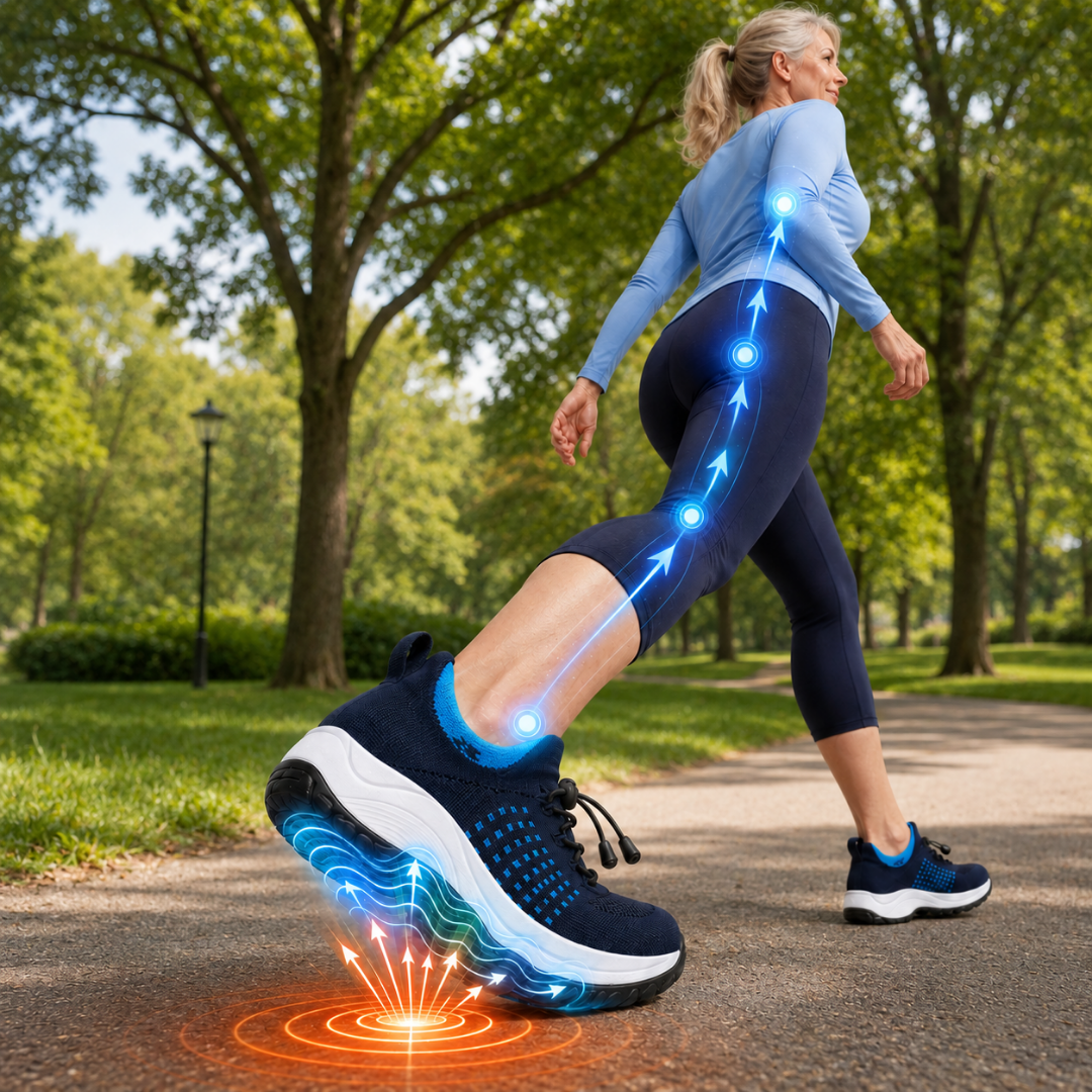 A woman walks in a park with graphics showing shock absorption and support from her shoes up her spine.