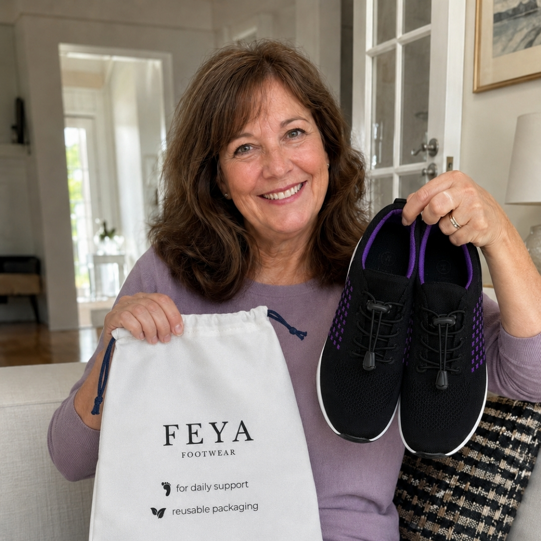 A smiling woman holds up a pair of black and purple sneakers and a white branded shoe bag.