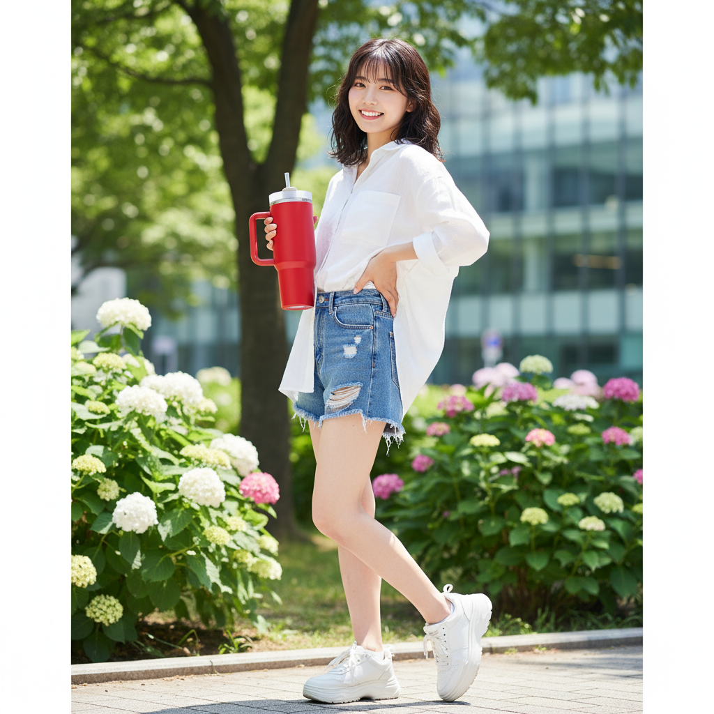 Person holding a red tumbler, standing in a garden with hydrangeas.