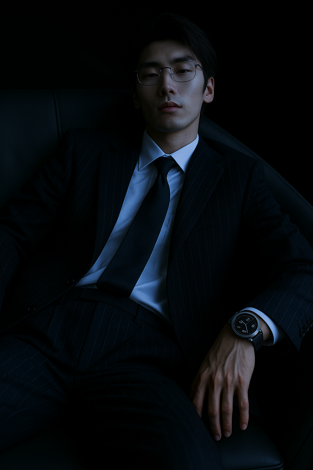 Person in a dark suit and glasses, sitting on a black leather chair.