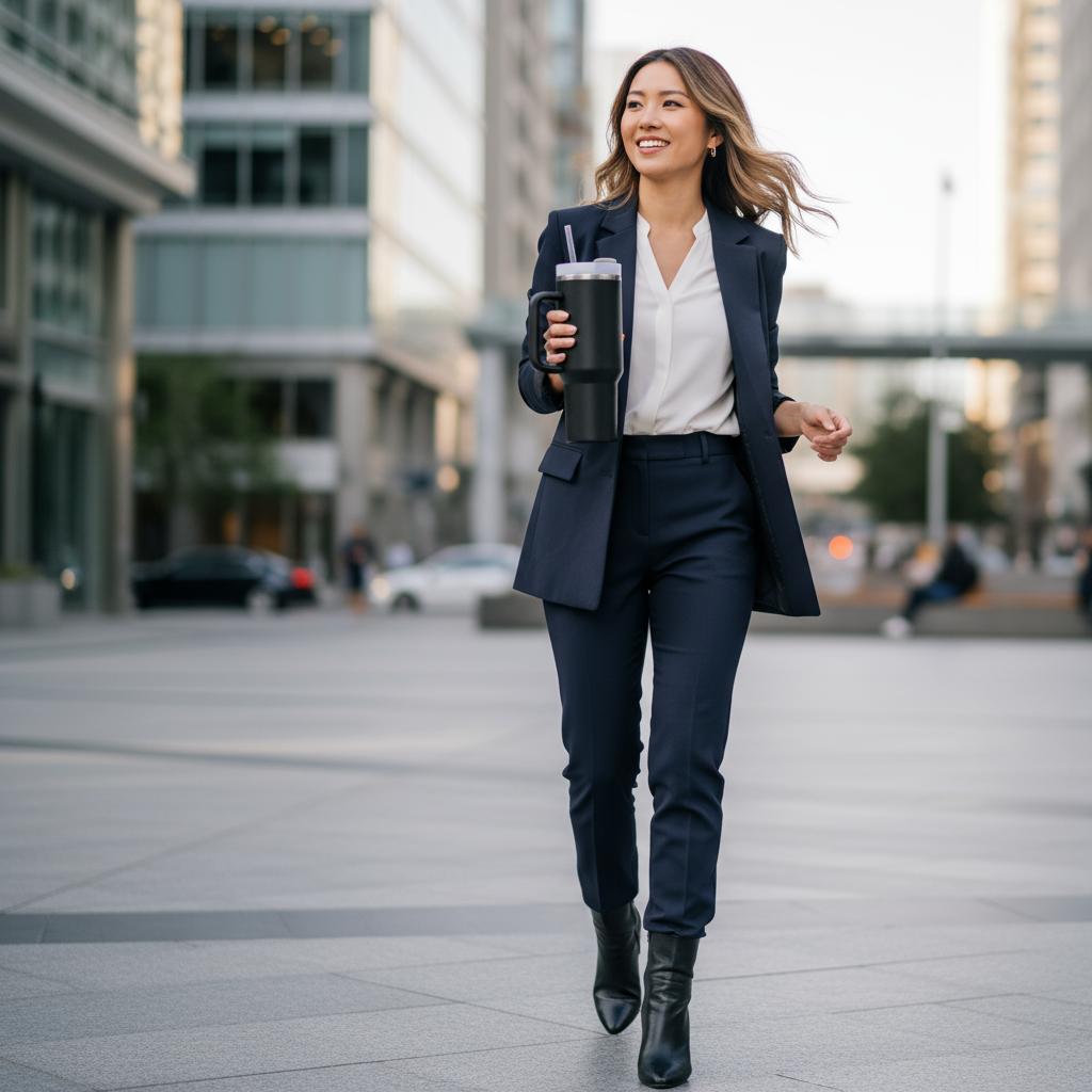 Person in a business suit walking outdoors holding a tumbler.