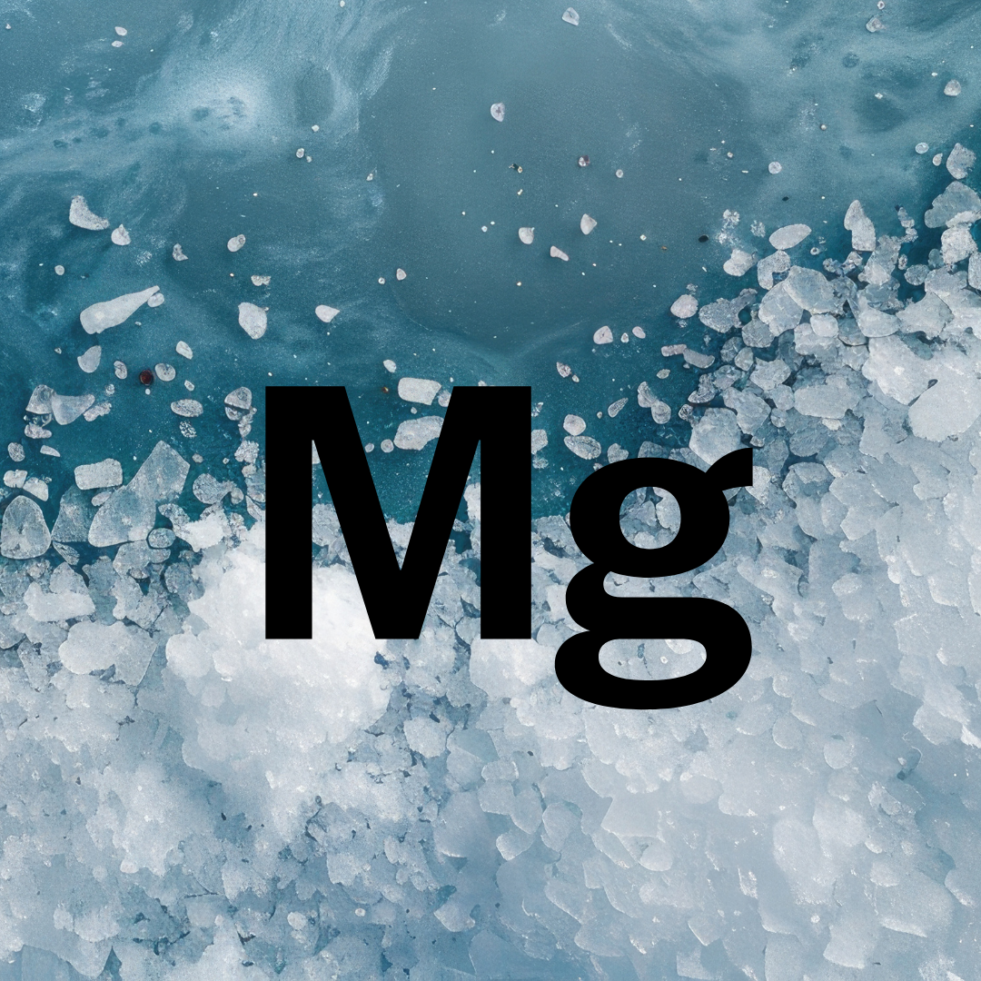 The element symbol 'Mg' overlaid on a background of ice crystals.