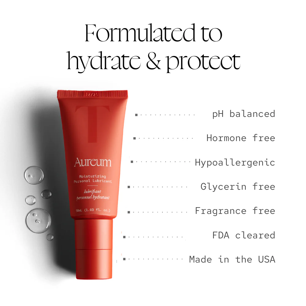 Red tube of personal lubricant with product features listed beside it.