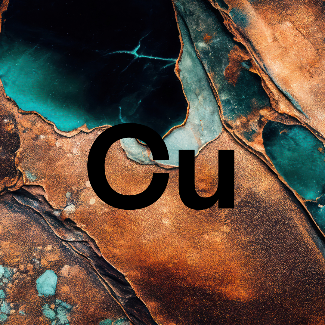 'Abstract copper texture with a dark green background and 'Cu' text overlay.'