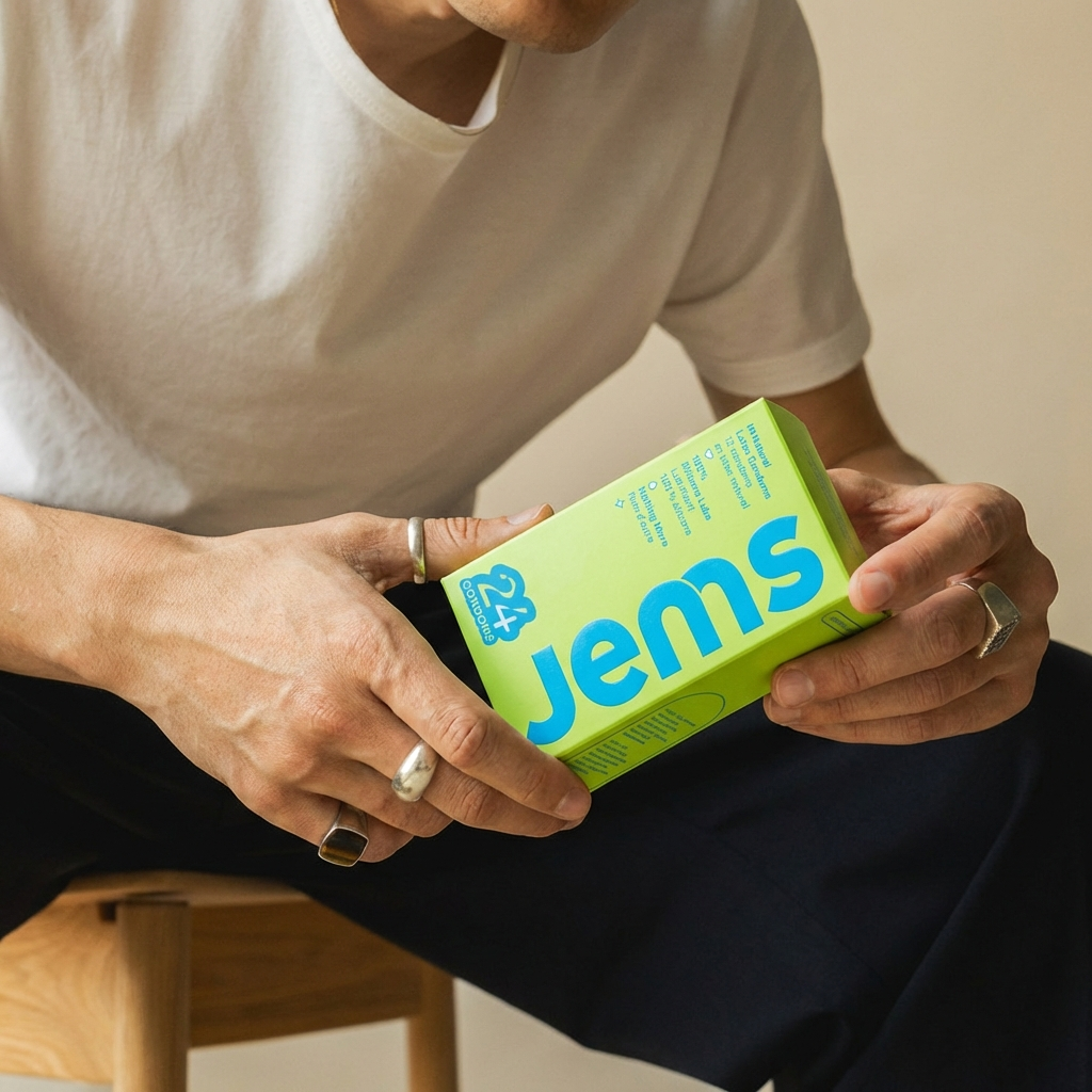 A person in a white t-shirt holds a bright green box of Jems condoms.