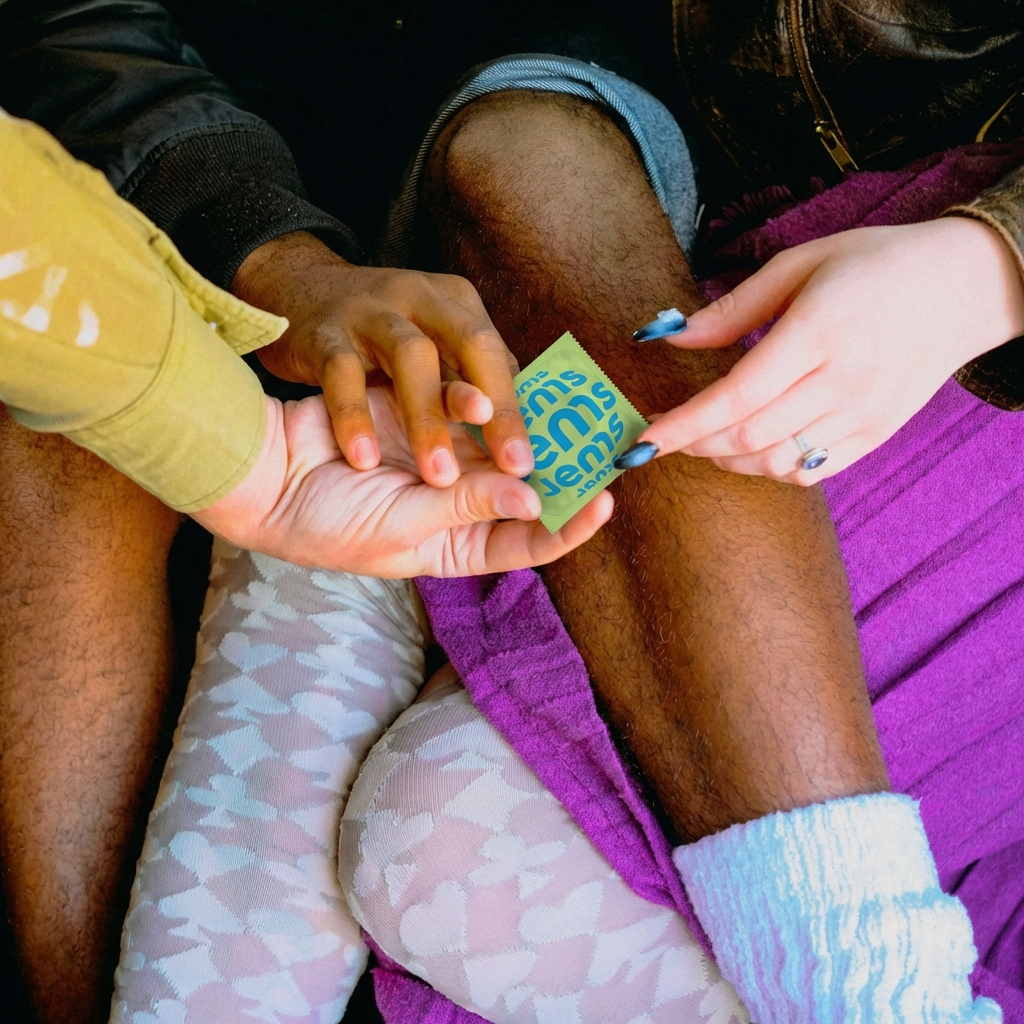 Three hands exchanging a small packet over a person's knee.