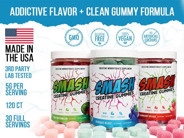 Three jars of Smash creatine gummies with various flavors and labels.