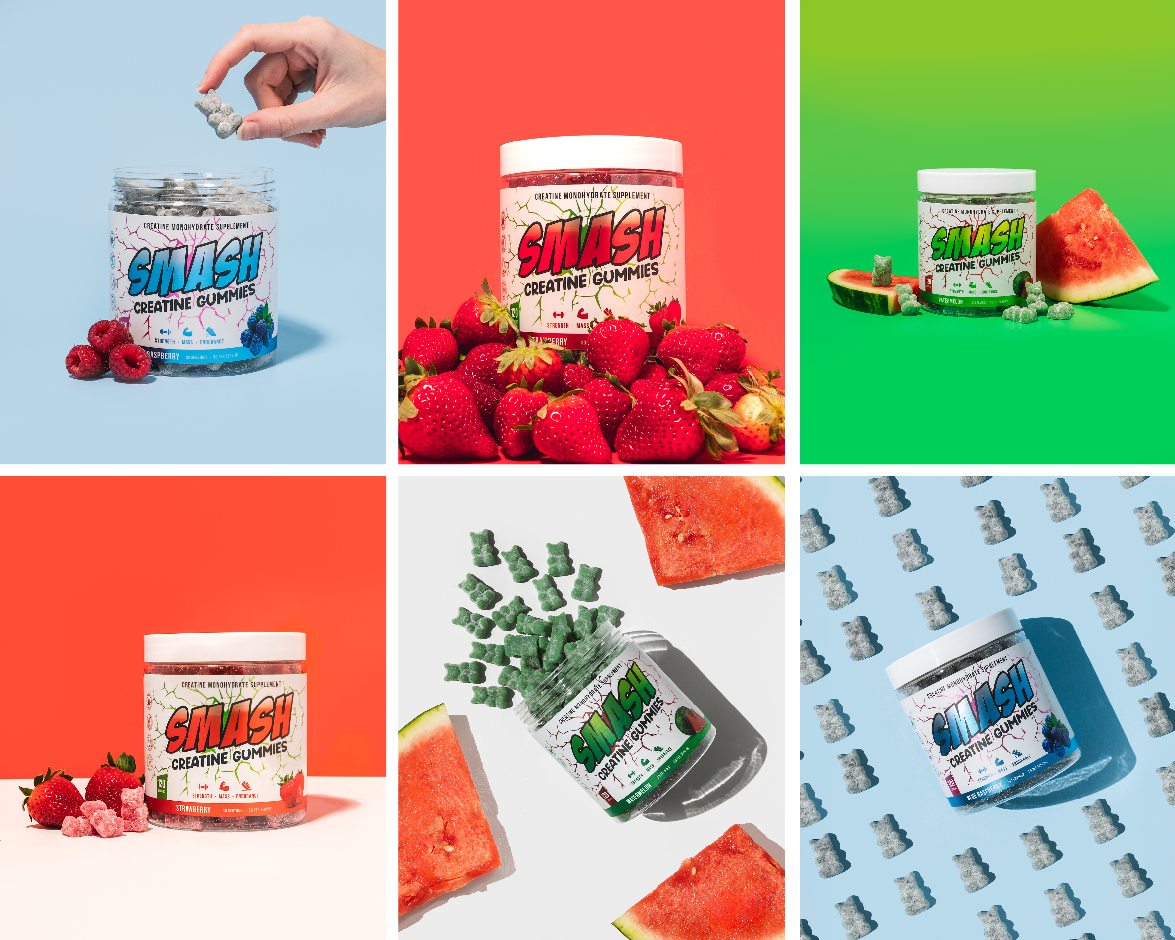 Collage of Smash Creatine Gummies jars with fruits and colorful backgrounds.