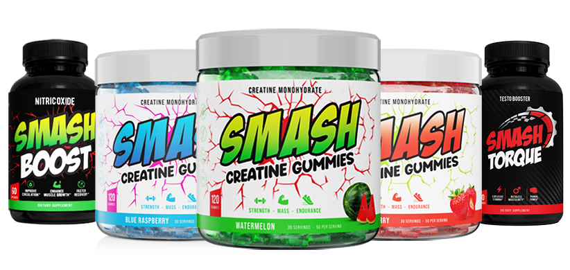 Five containers of Smash supplements, including creatine gummies and boosters.