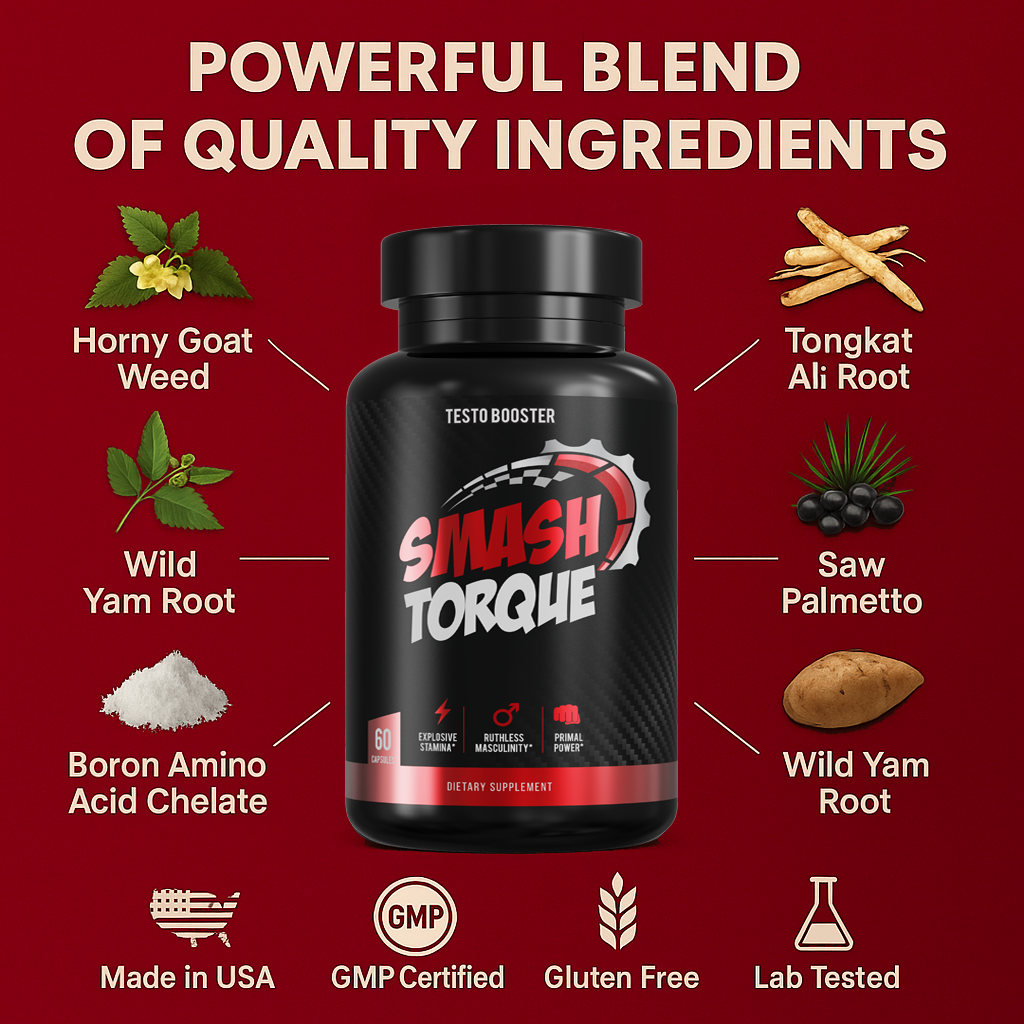 Supplement bottle with ingredients: Horny Goat Weed, Wild Yam Root, Tongkat Ali Root, Saw Palmetto.