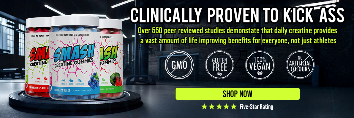 Three bottles of creatine gummies with bold text and health claims.