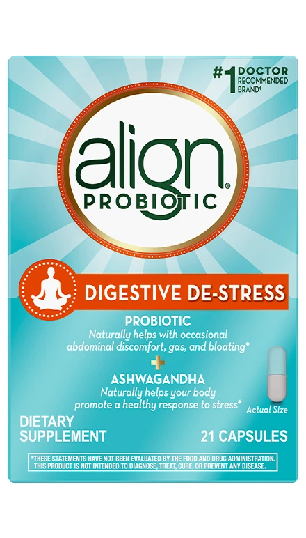 A box of Align Probiotic Digestive De-Stress dietary supplement with 21 capsules.