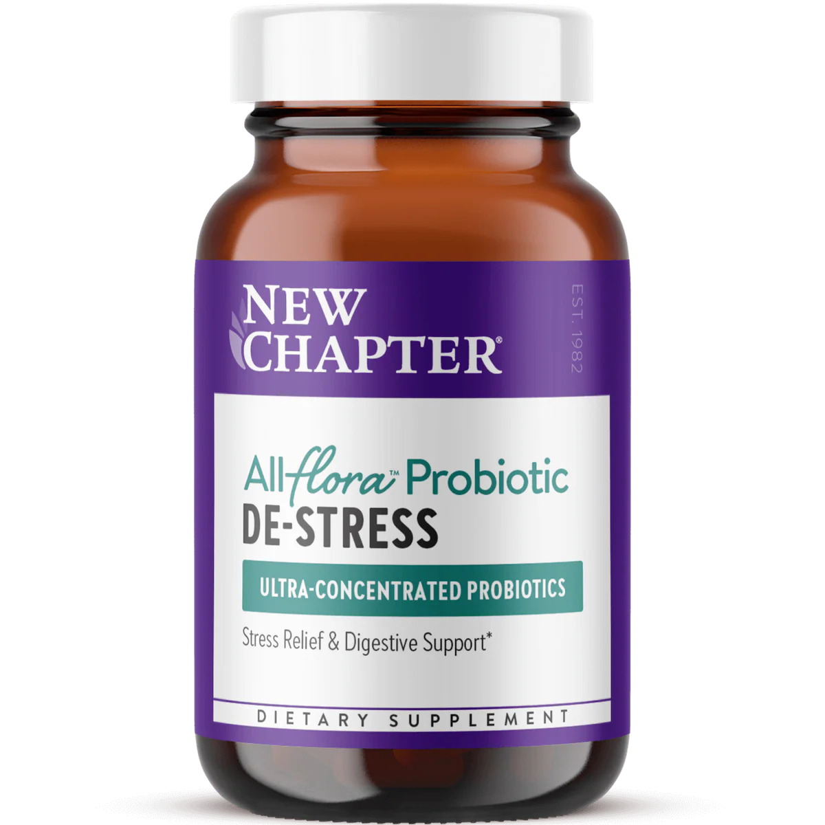 A bottle of New Chapter All-flora Probiotic De-Stress dietary supplement against a white background.