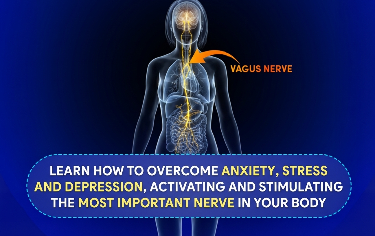 An anatomical illustration of the vagus nerve in the human body with text about overcoming anxiety and stress.