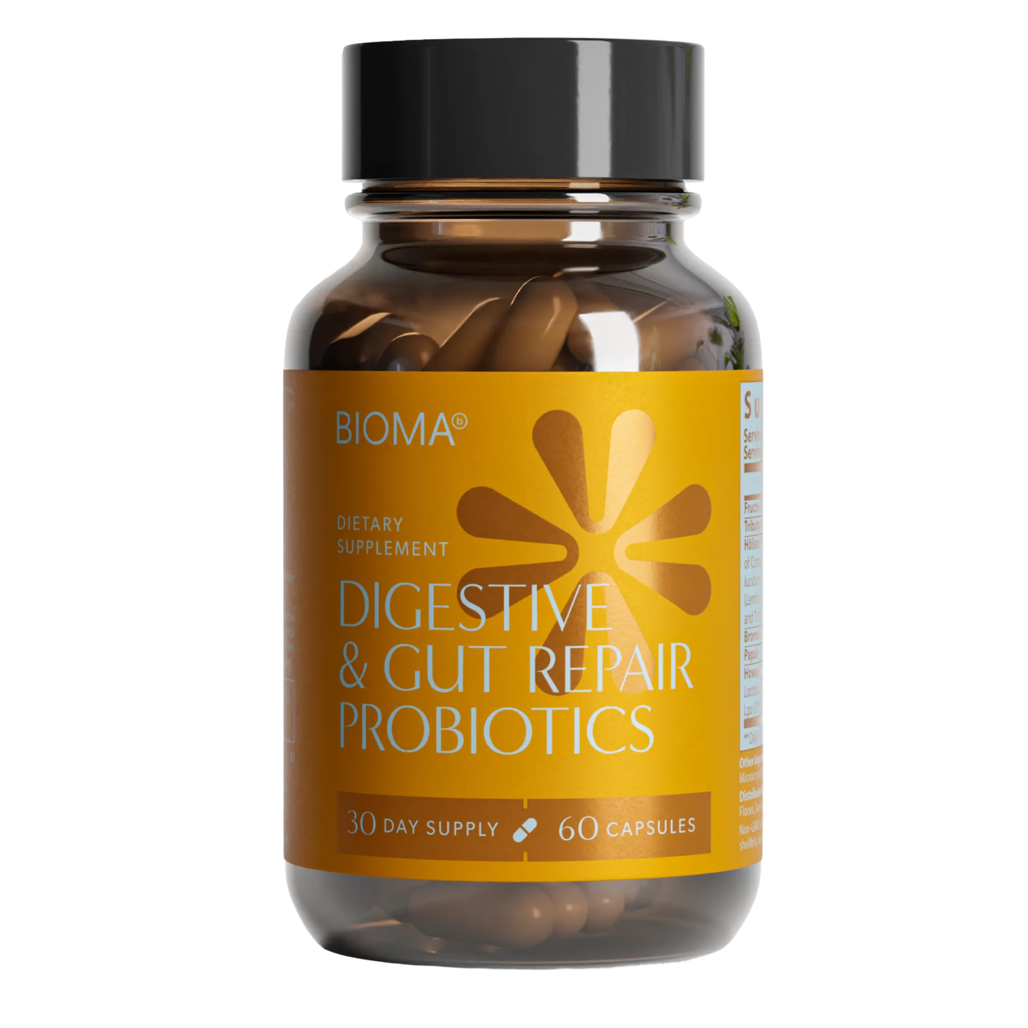 A bottle of BIOMA Digestive & Gut Repair Probiotics against a solid black background.