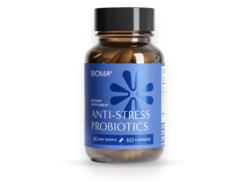 A bottle of BIOMA Anti-Stress Probiotics, a dietary supplement containing 60 capsules.