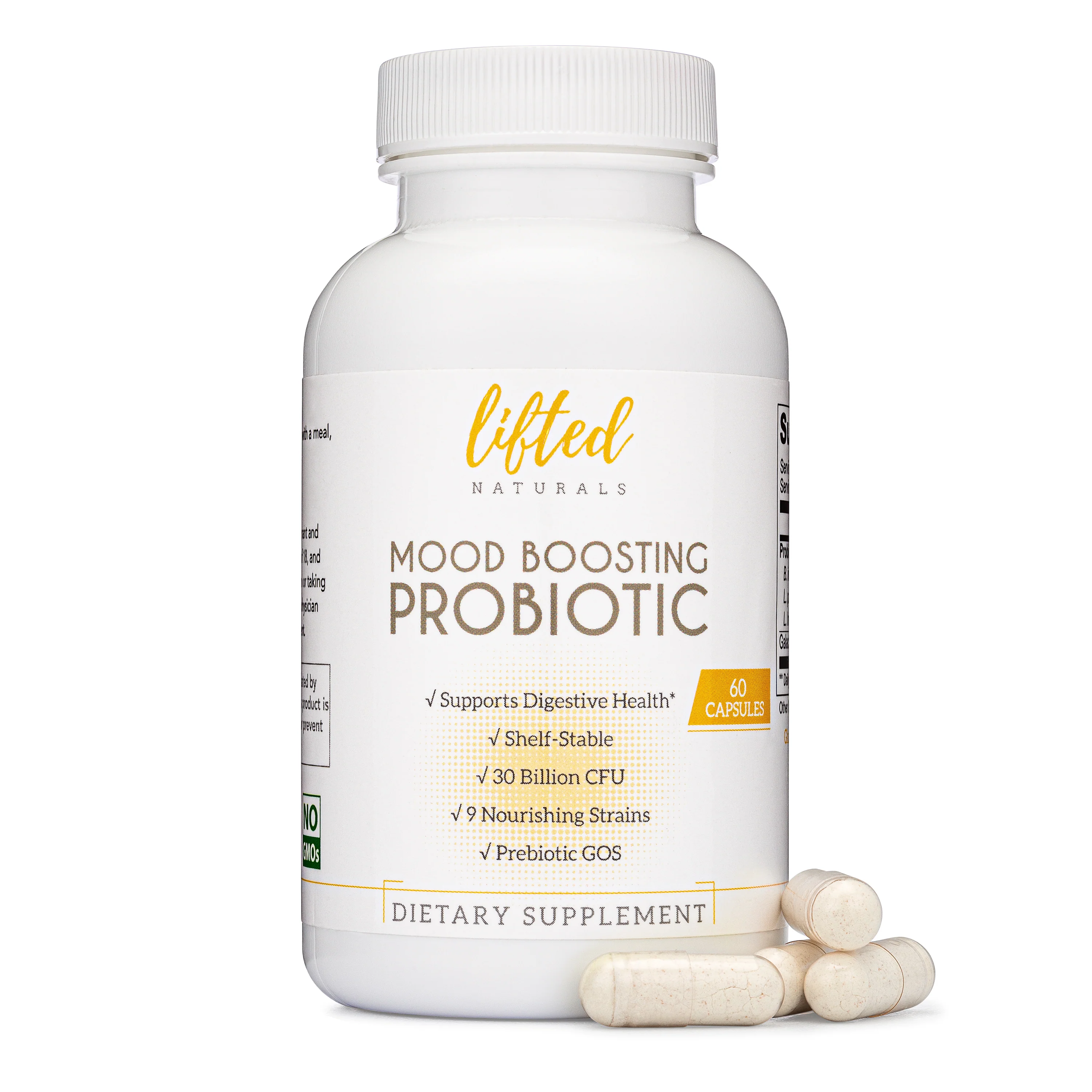 A white bottle of Lifted Naturals Mood Boosting Probiotic supplement with several capsules in front of it.