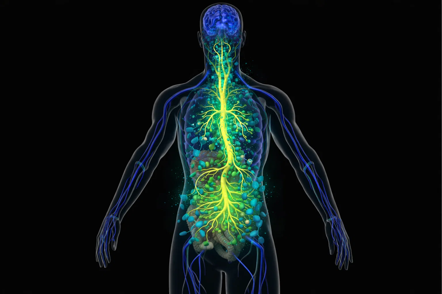 Medical illustration of the gut-brain axis, showing the connection between the brain and the gut microbiome.