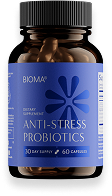 A bottle of anti-stress probiotics with a blue label.