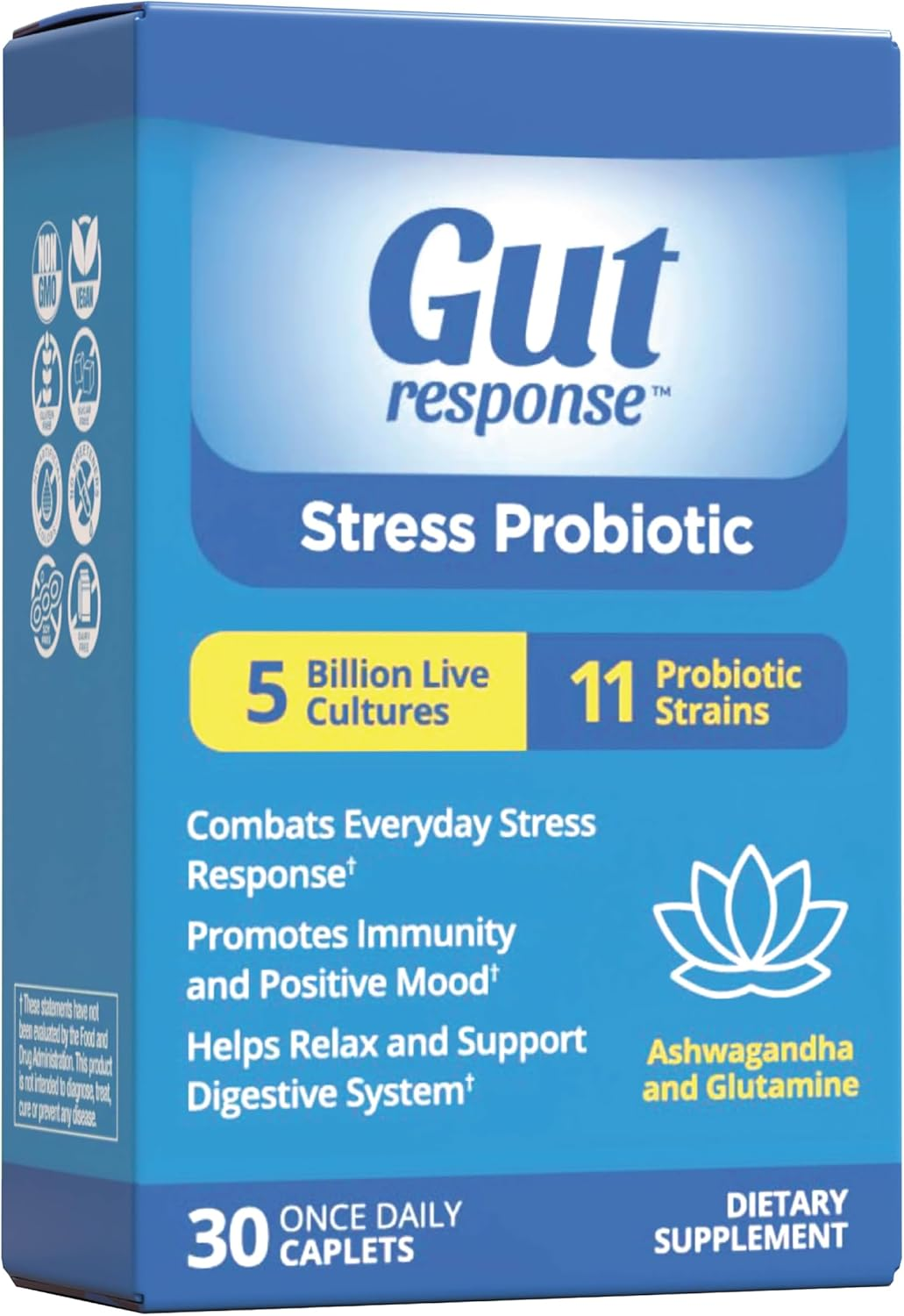 A blue and white box for 'Gut response Stress Probiotic' dietary supplement, showing benefits and ingredients.