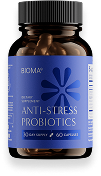 Brown bottle labeled 'Anti-Stress Probiotics' with a blue label and black cap.